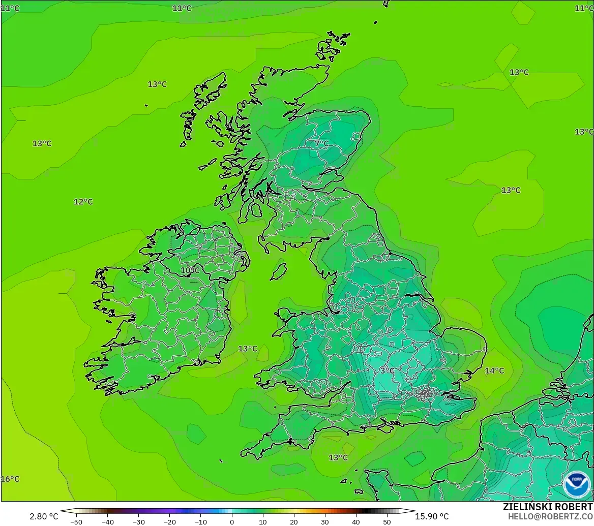 GFS model - United Kingdom, Takat Embun 2 m