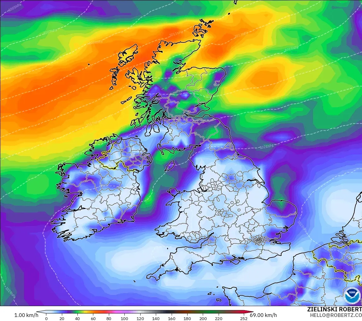 GFS model - United Kingdom, Hembusan Tertinggi