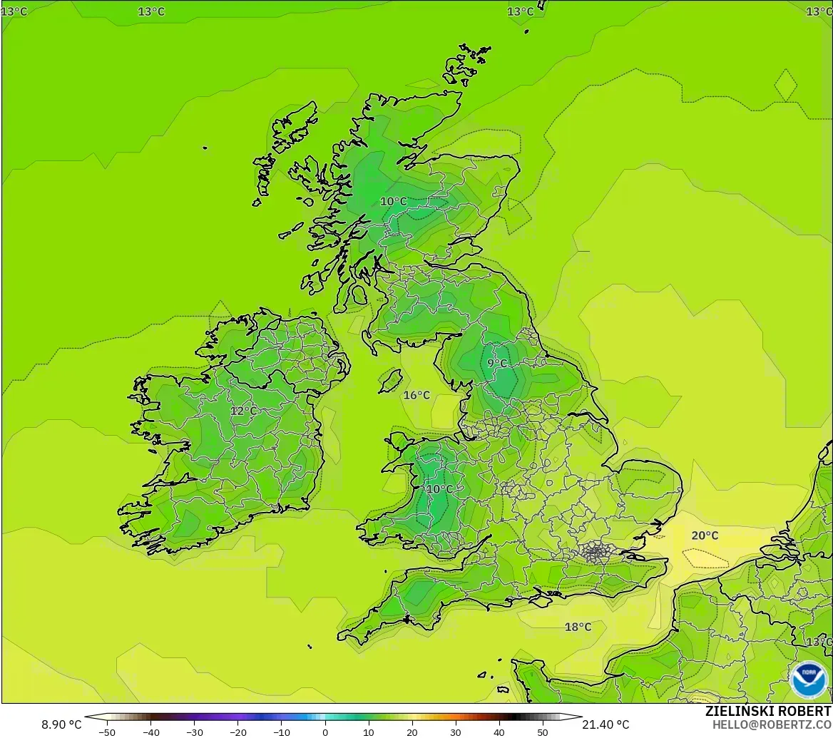 GFS model - United Kingdom, Suhu pada 2 m