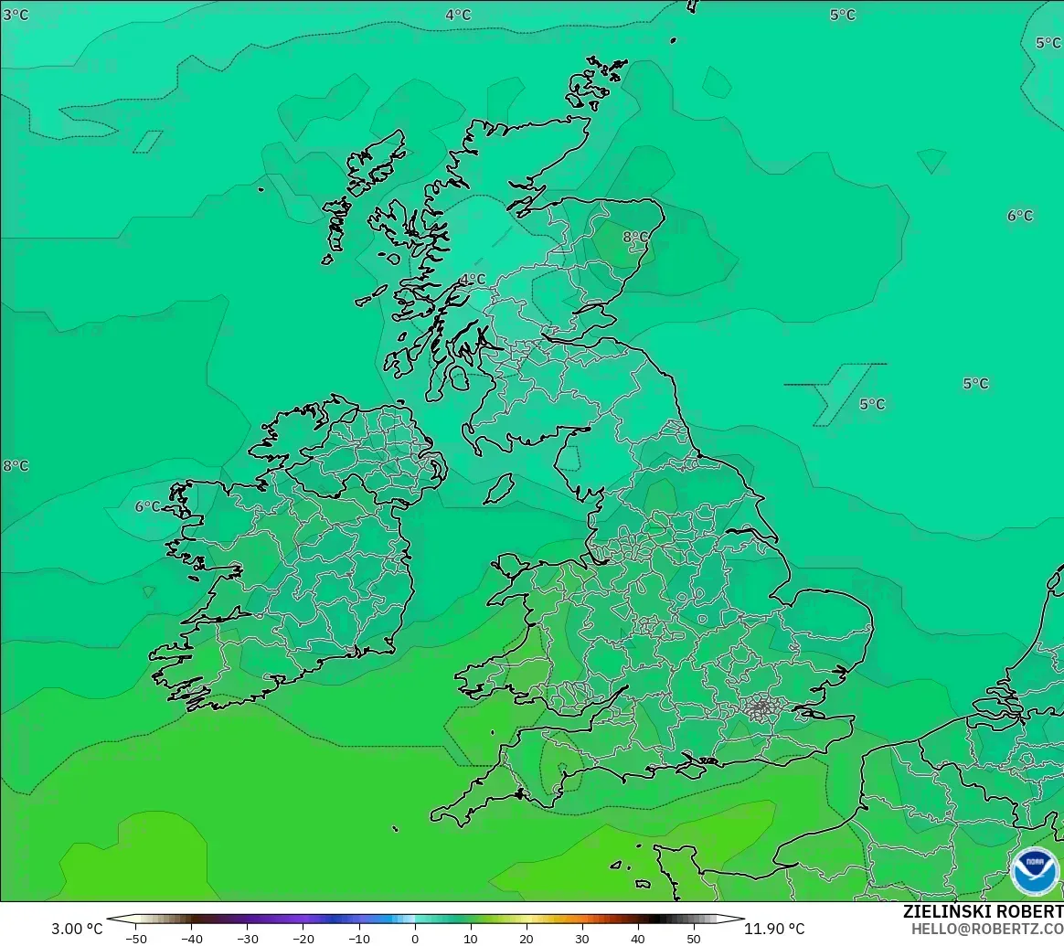 GFS model - United Kingdom, Suhu 850 hPa