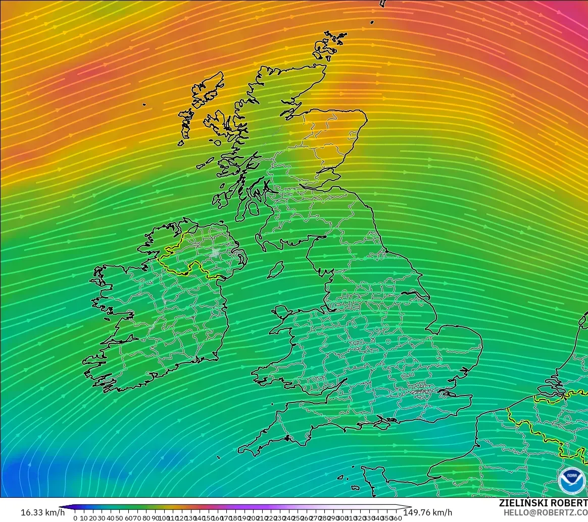 GFS model - United Kingdom, Angin 300 hPa (aliran jet)