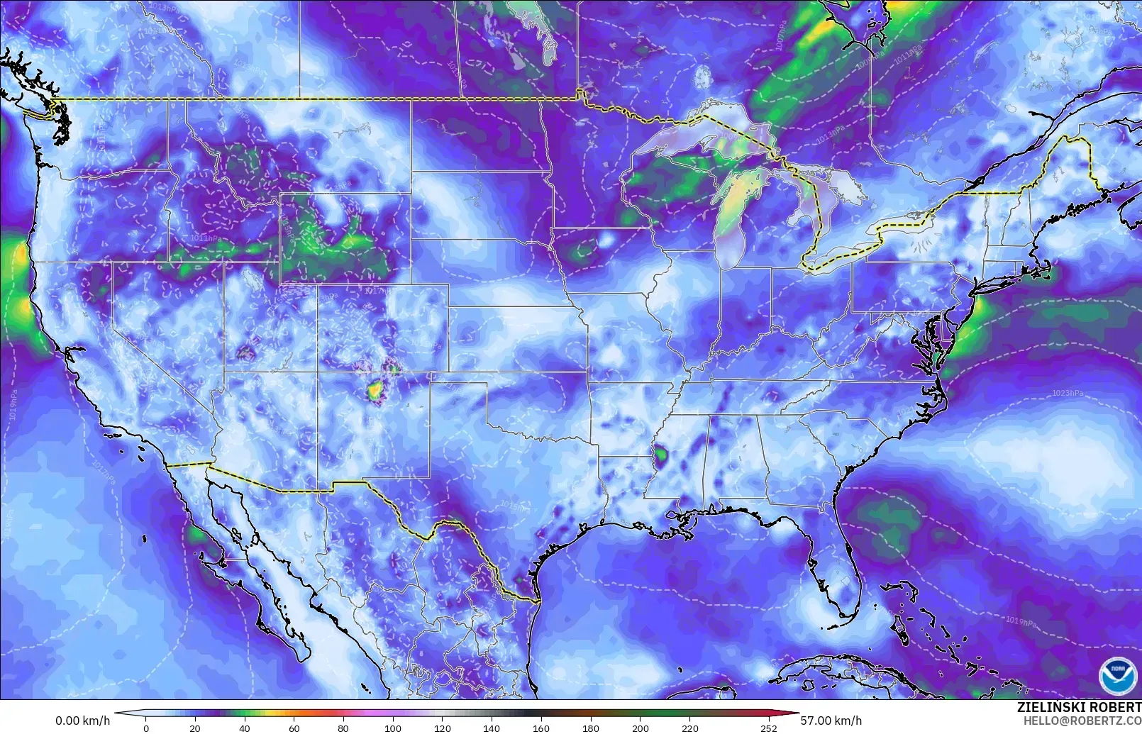 GFS model - Amerika Syarikat, Hembusan Angin