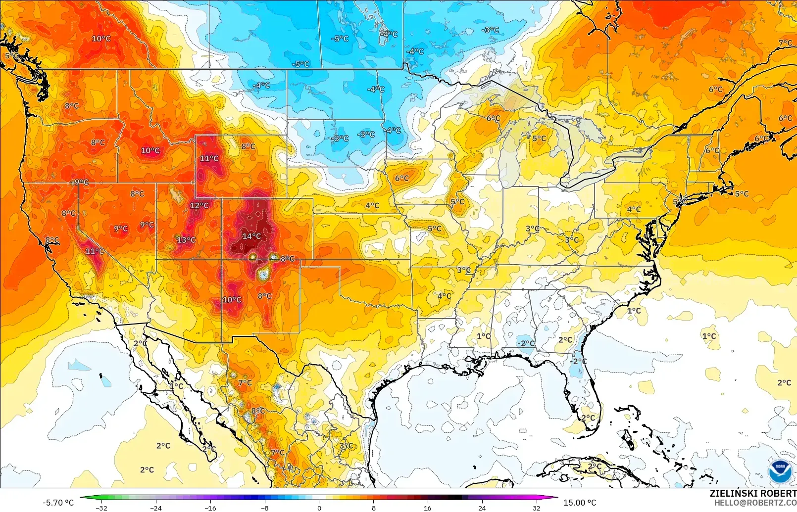 GFS model - Amerika Syarikat, Anomali Suhu 850 hPa