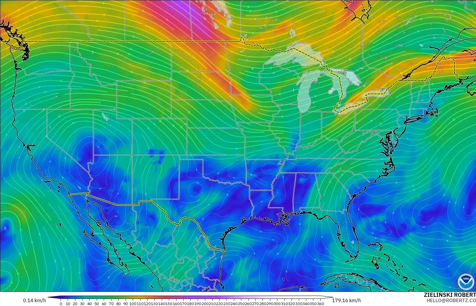 GFS model - Amerika Syarikat, Angin 300 hPa (aliran jet)