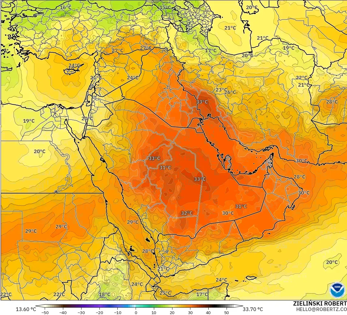 GFS model - Timur Tengah, Suhu 850 hPa