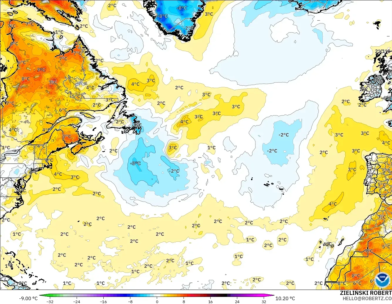 GFS model - Atlantik Utara, Anomali Suhu 2 m