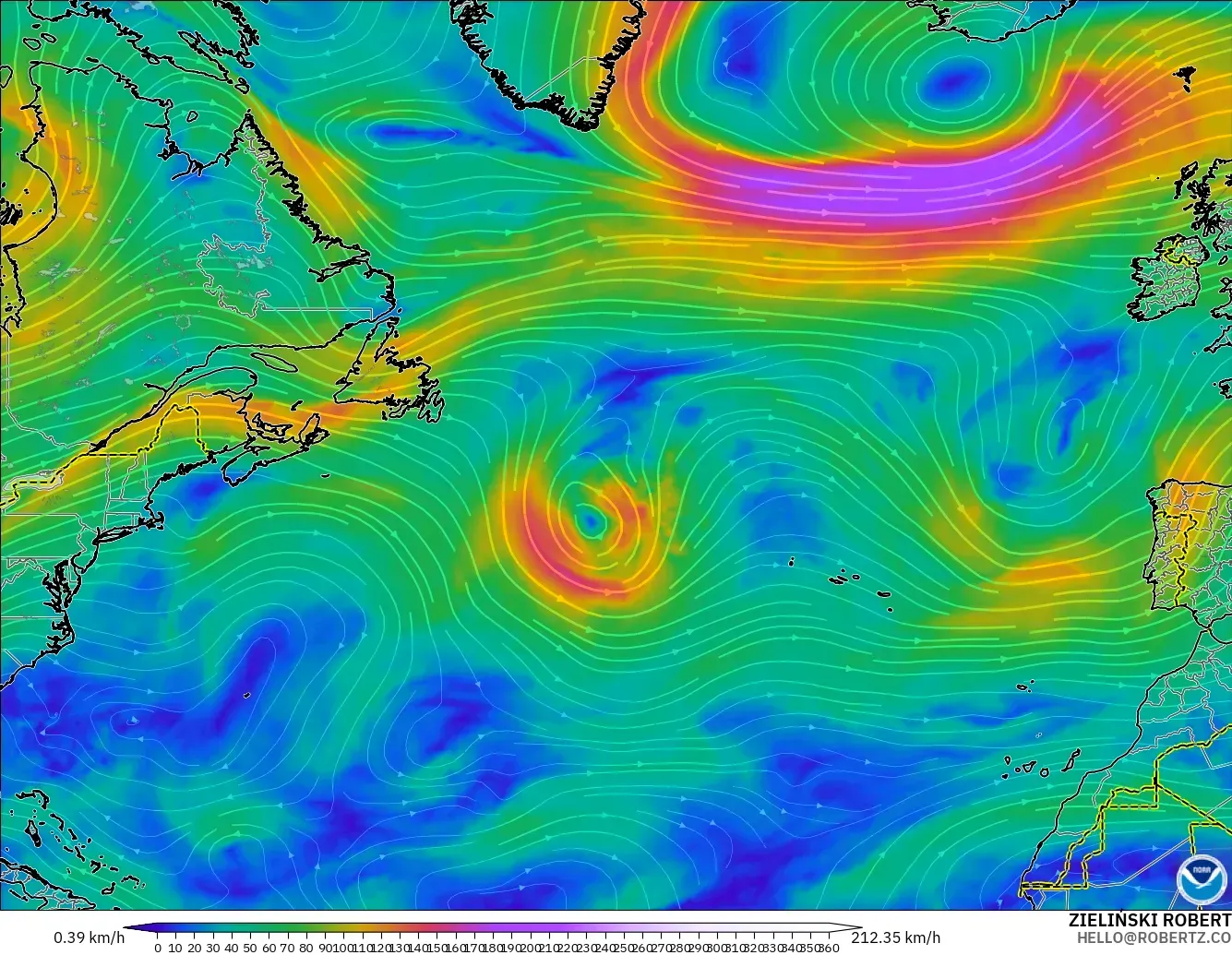 GFS model - Atlantik Utara, Angin 300 hPa (aliran jet)
