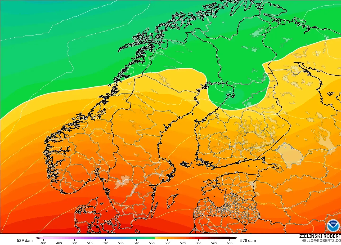 GFS model - Skandinavia, Ketinggian geopotensial pada 500 hPa