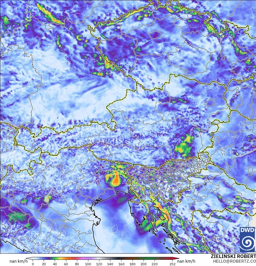 ICON Jerman 2 km model - Austria, Hembusan Tertinggi
