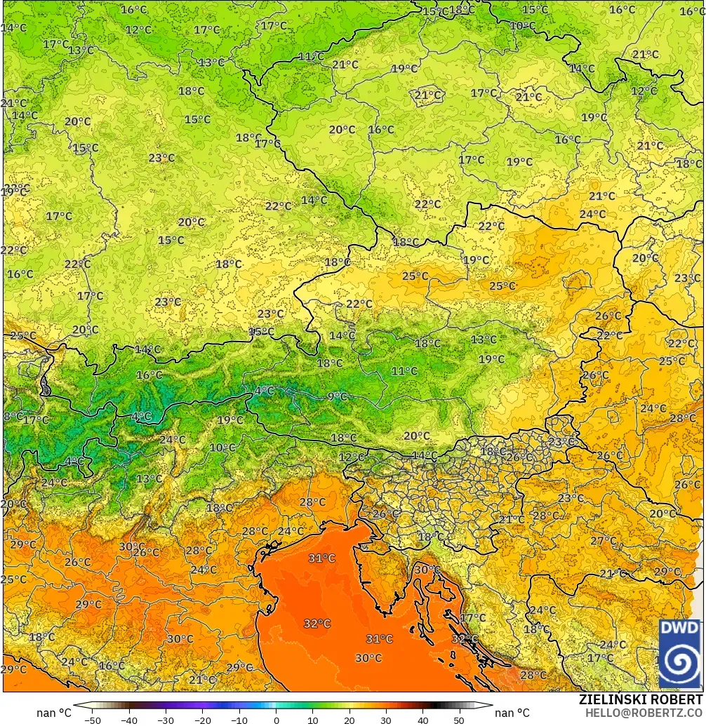 ICON Jerman 2 km model - Austria, Suhu pada 2 m