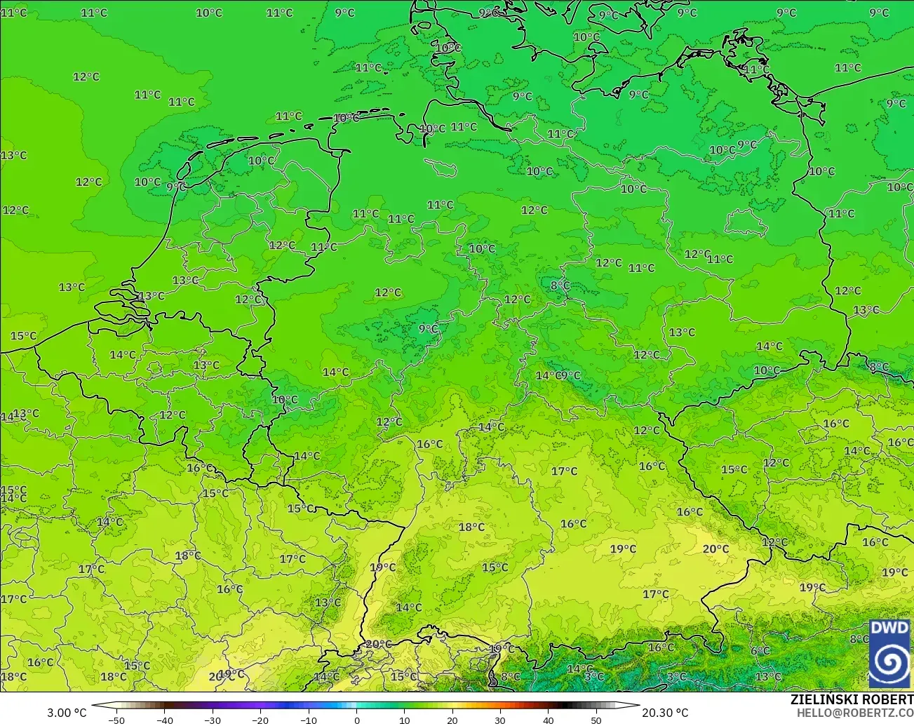 ICON Jerman 2 km model - Jerman, Suhu 850 hPa