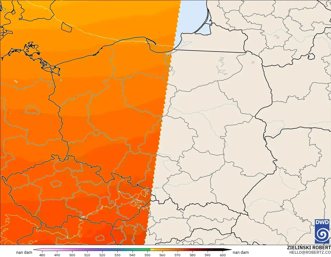 ICON Jerman 2 km model - Poland, Ketinggian geopotensial pada 500 hPa