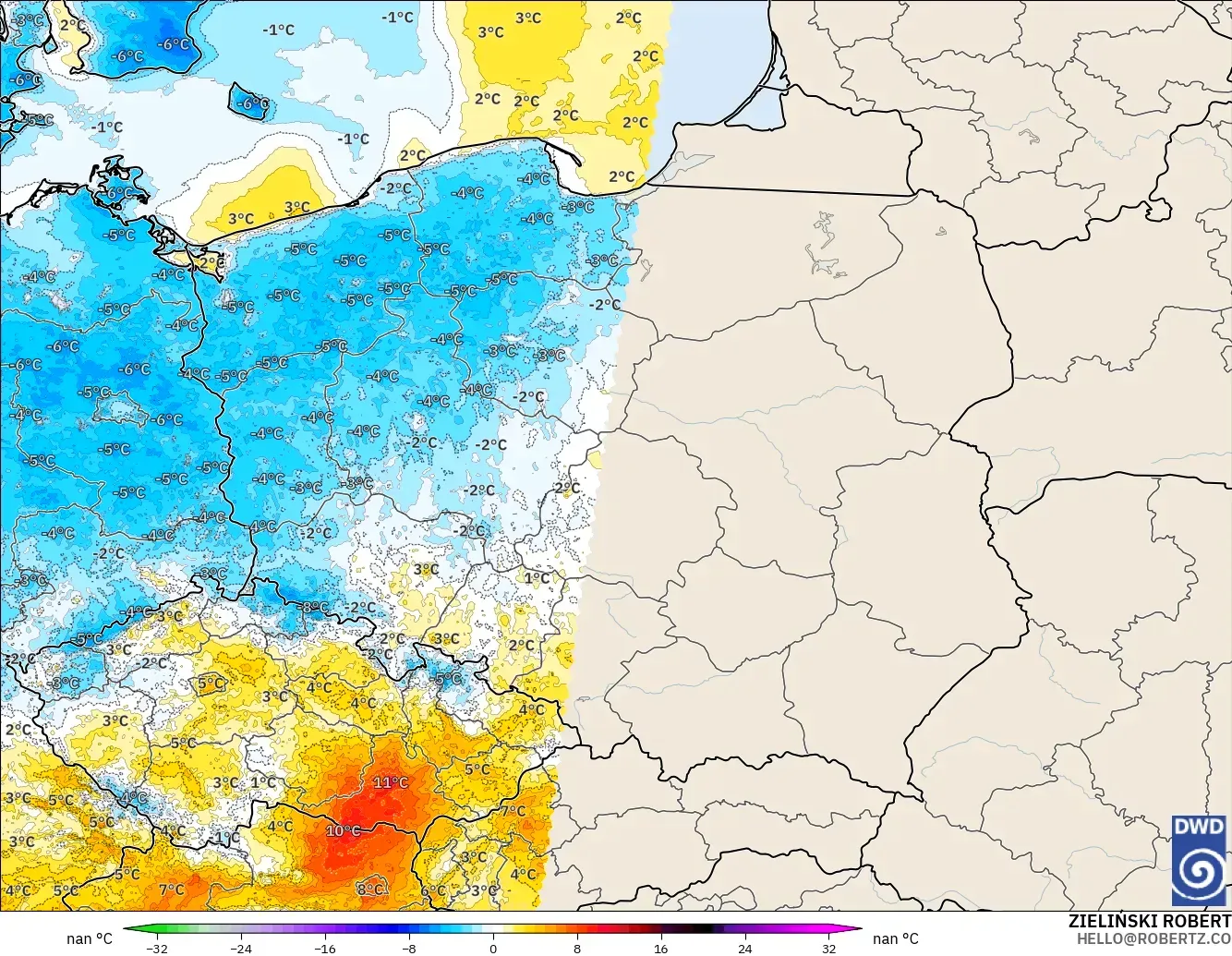 ICON Jerman 2 km model - Poland, Anomali Suhu 2 m
