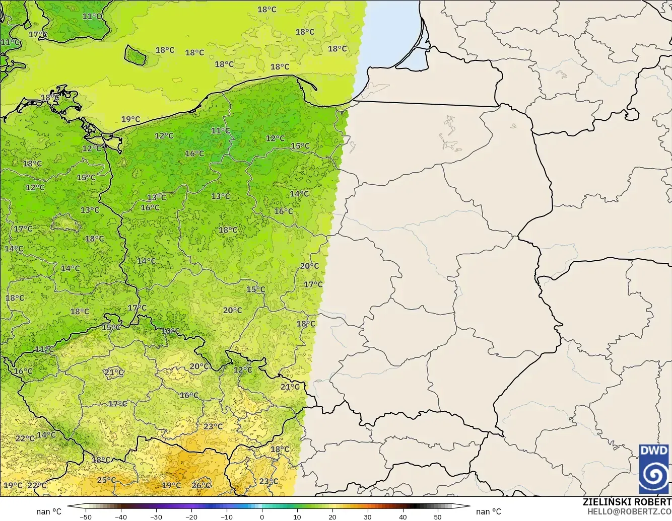 ICON Jerman 2 km model - Poland, Suhu pada 2 m