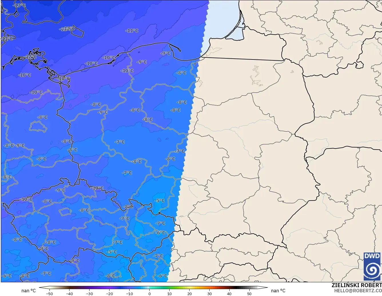 ICON Jerman 2 km model - Poland, Suhu 500 hPa