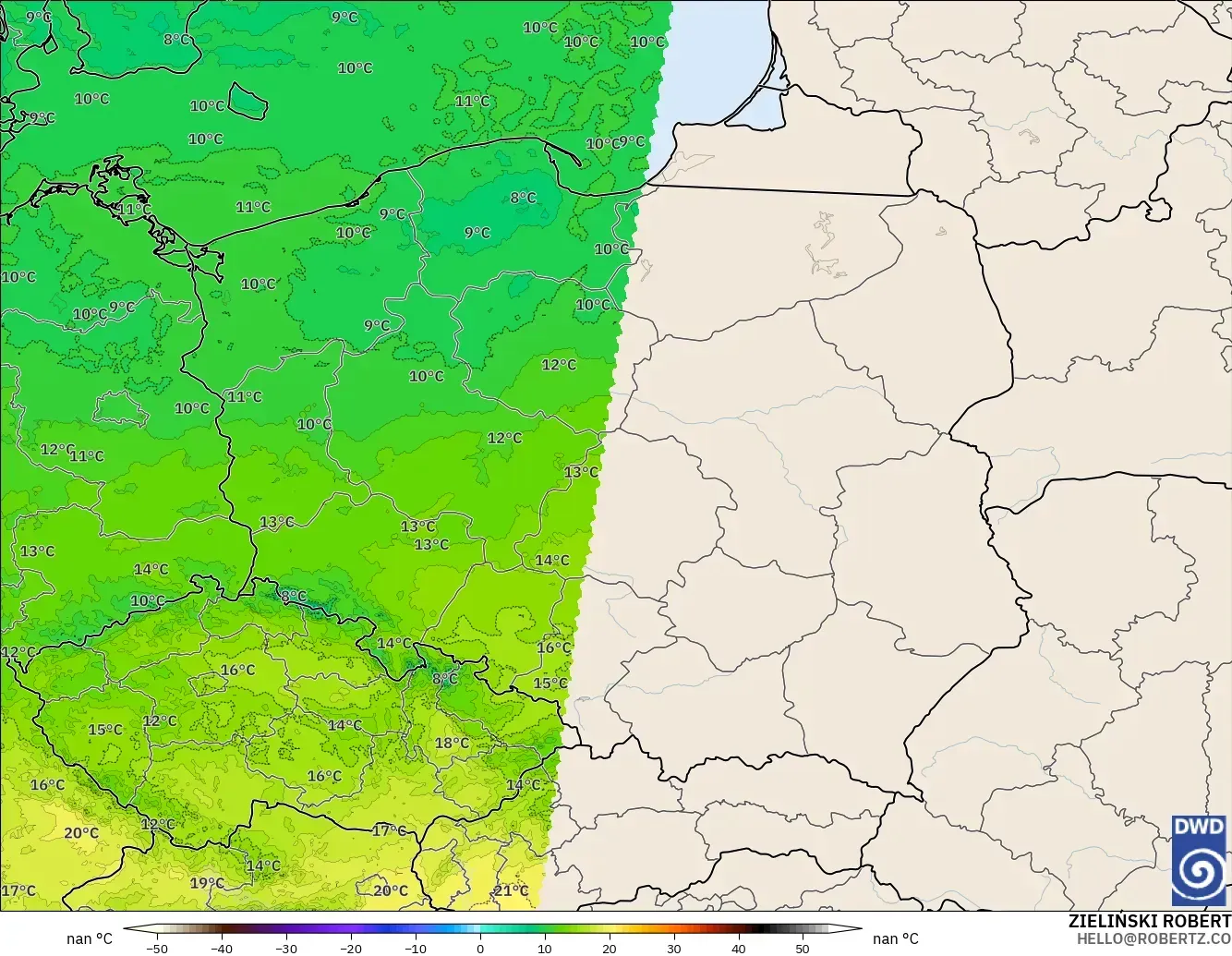 ICON Jerman 2 km model - Poland, Suhu 850 hPa