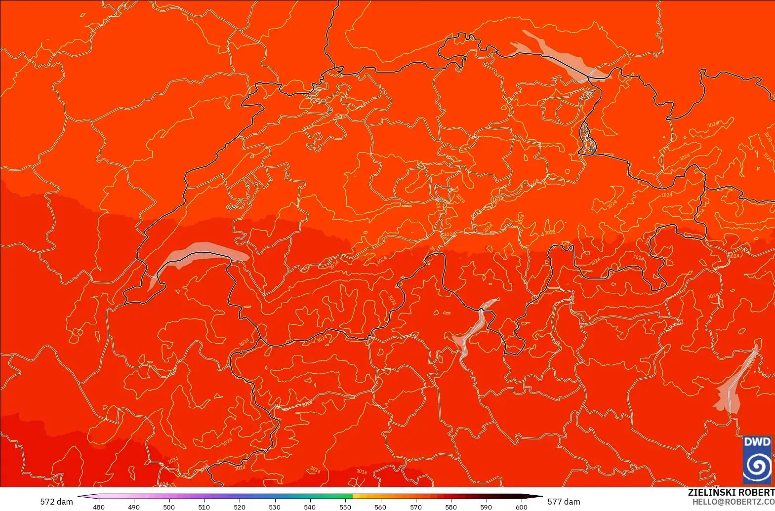 ICON Jerman 2 km model - Switzerland, Ketinggian geopotensial pada 500 hPa