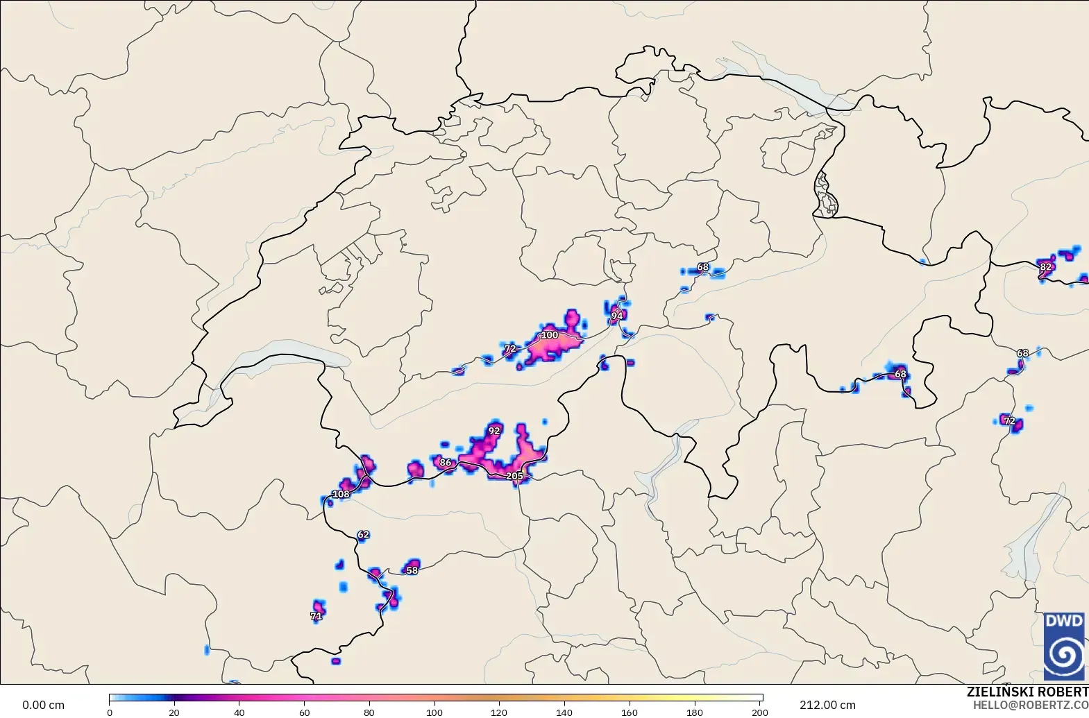 ICON Jerman 2 km model - Switzerland, Ketebalan Salji