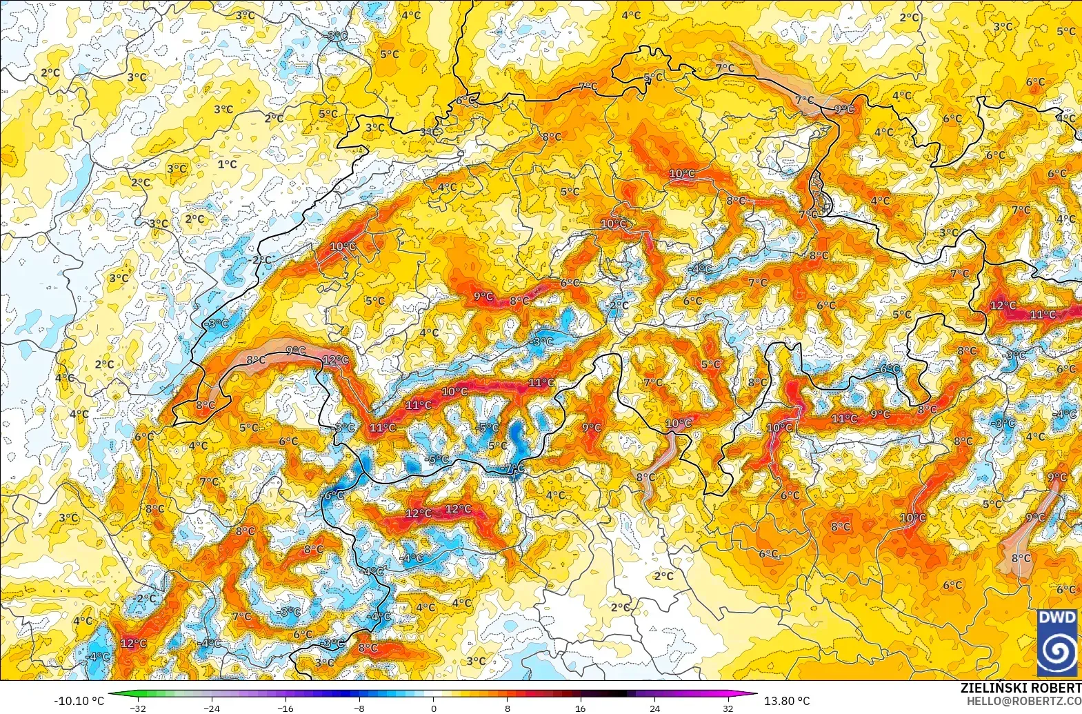 ICON Jerman 2 km model - Switzerland, Anomali Suhu 2 m
