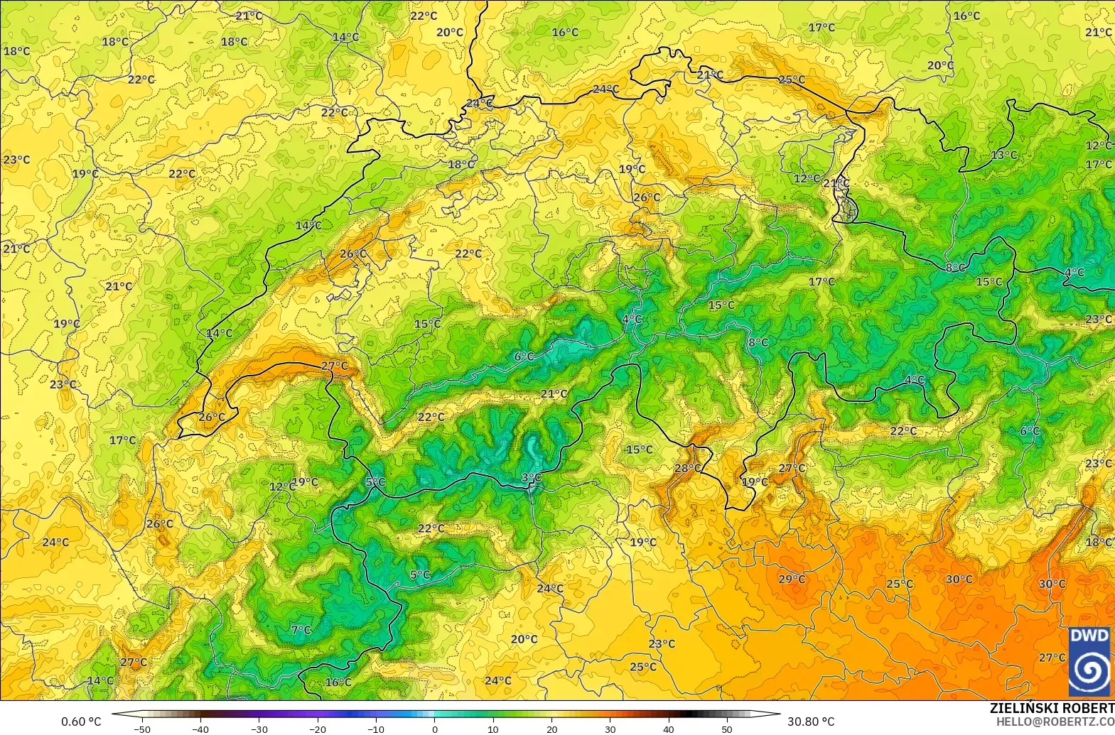 ICON Jerman 2 km model - Switzerland, Suhu pada 2 m