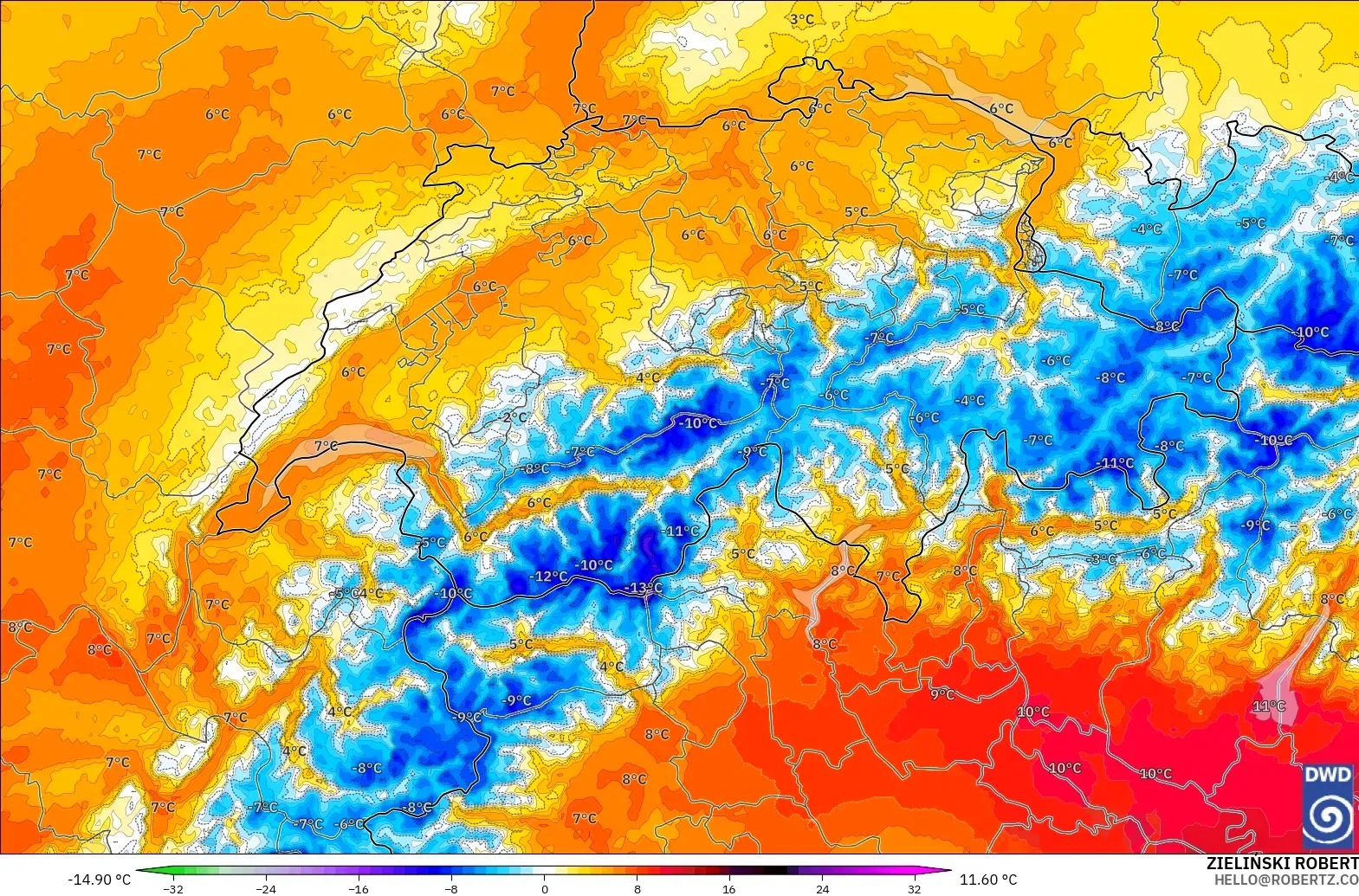 ICON Jerman 2 km model - Switzerland, Anomali Suhu 850 hPa