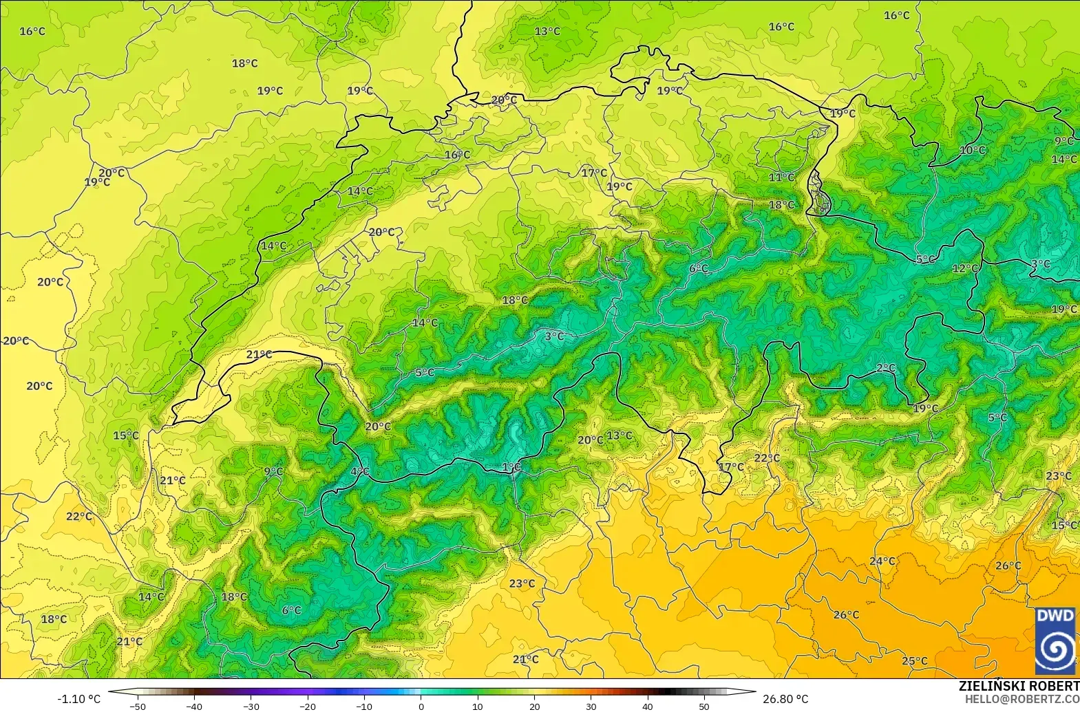 ICON Jerman 2 km model - Switzerland, Suhu 850 hPa