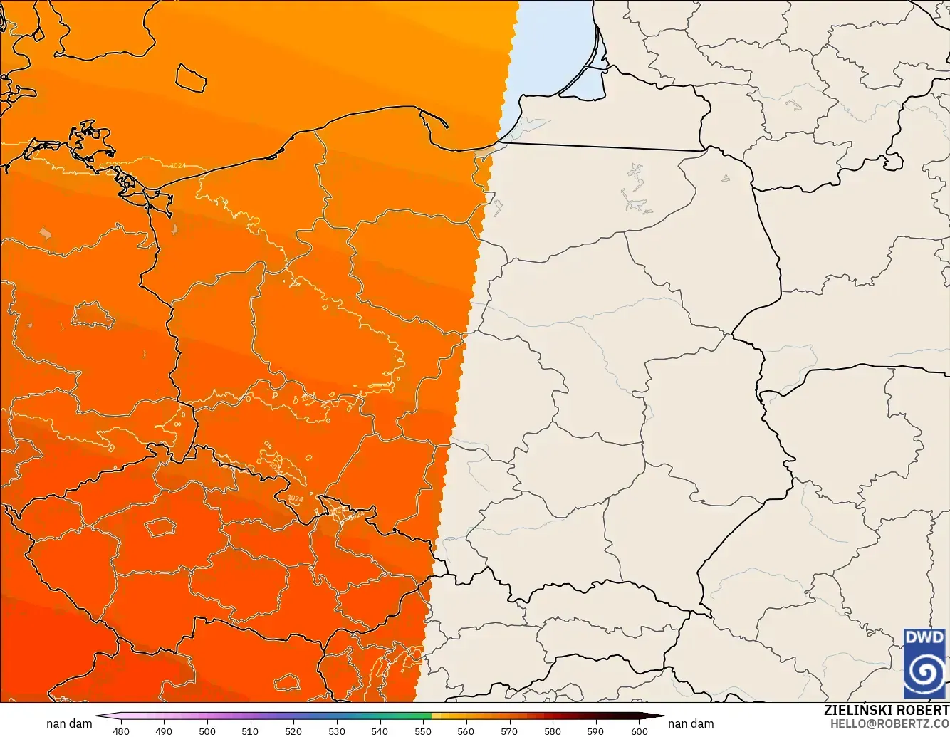 ICON Jerman 2 km model - Poland, Ketinggian geopotensial pada 500 hPa