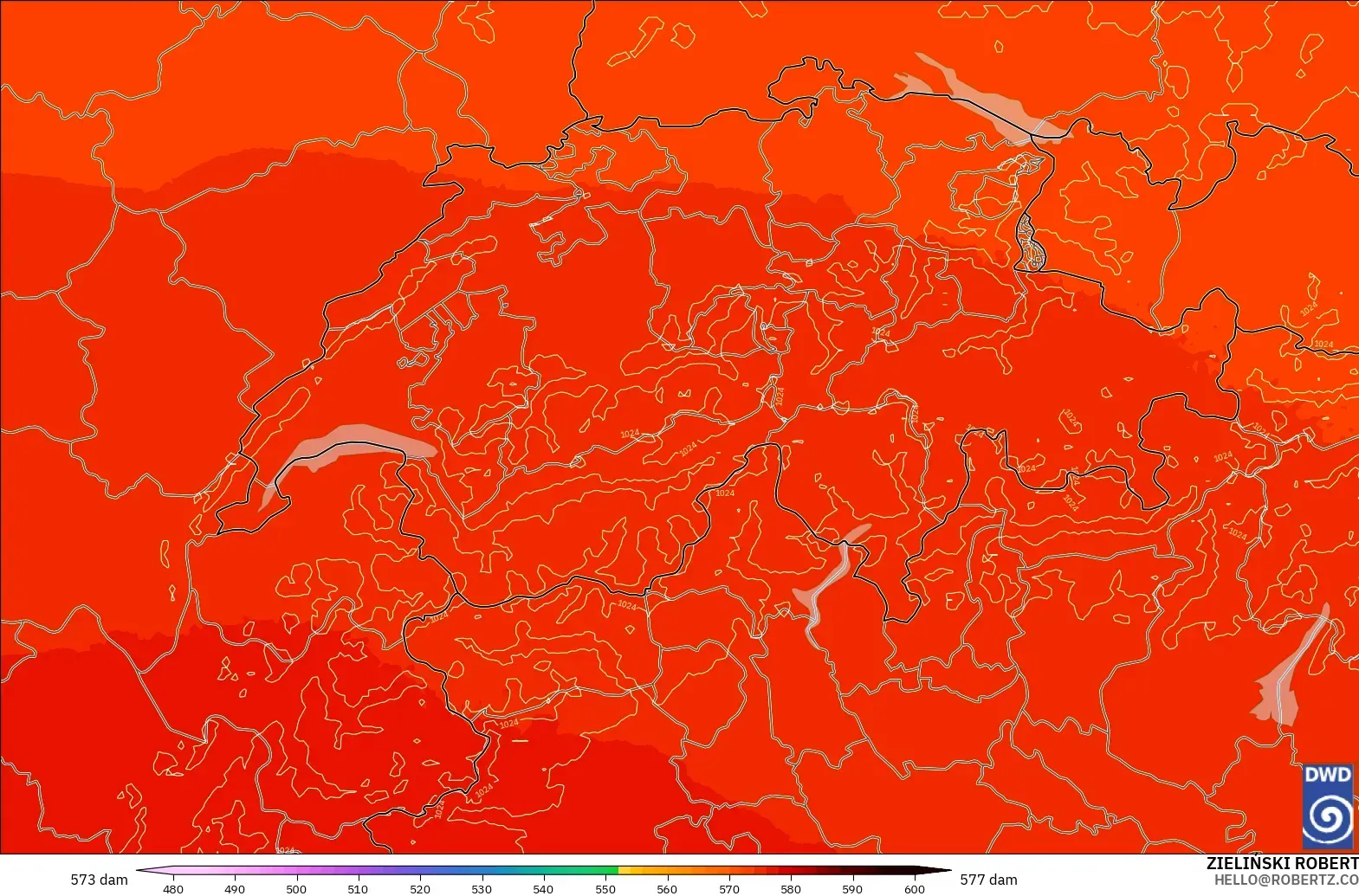 ICON Jerman 2 km model - Switzerland, Ketinggian geopotensial pada 500 hPa