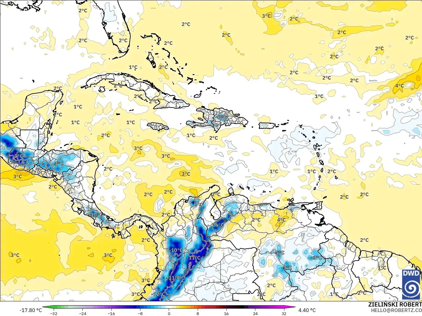 ICON model - Karibia, Anomali Suhu 850 hPa