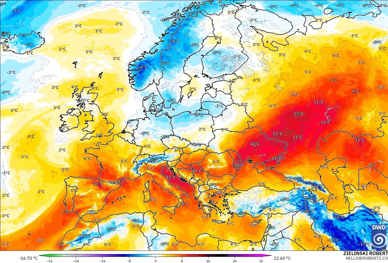 ICON model - Eropah, Anomali Suhu 850 hPa