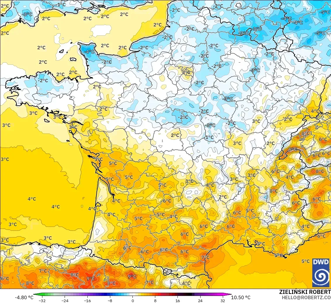 ICON model - Perancis, Anomali Suhu 2 m