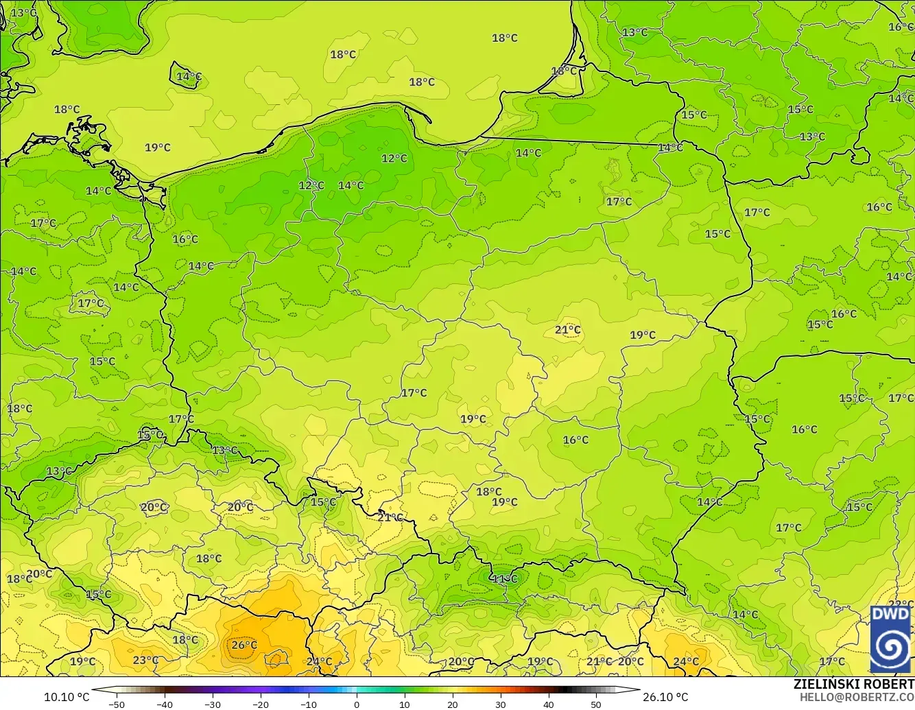 ICON model - Poland, Suhu pada 2 m