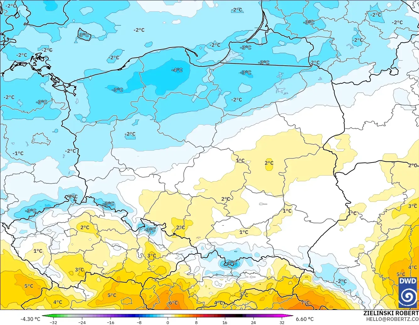 ICON model - Poland, Anomali Suhu 850 hPa