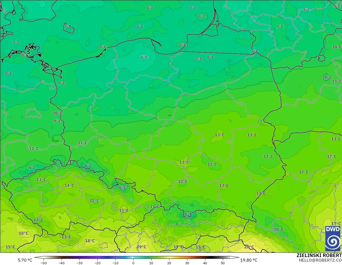 ICON model - Poland, Suhu 850 hPa