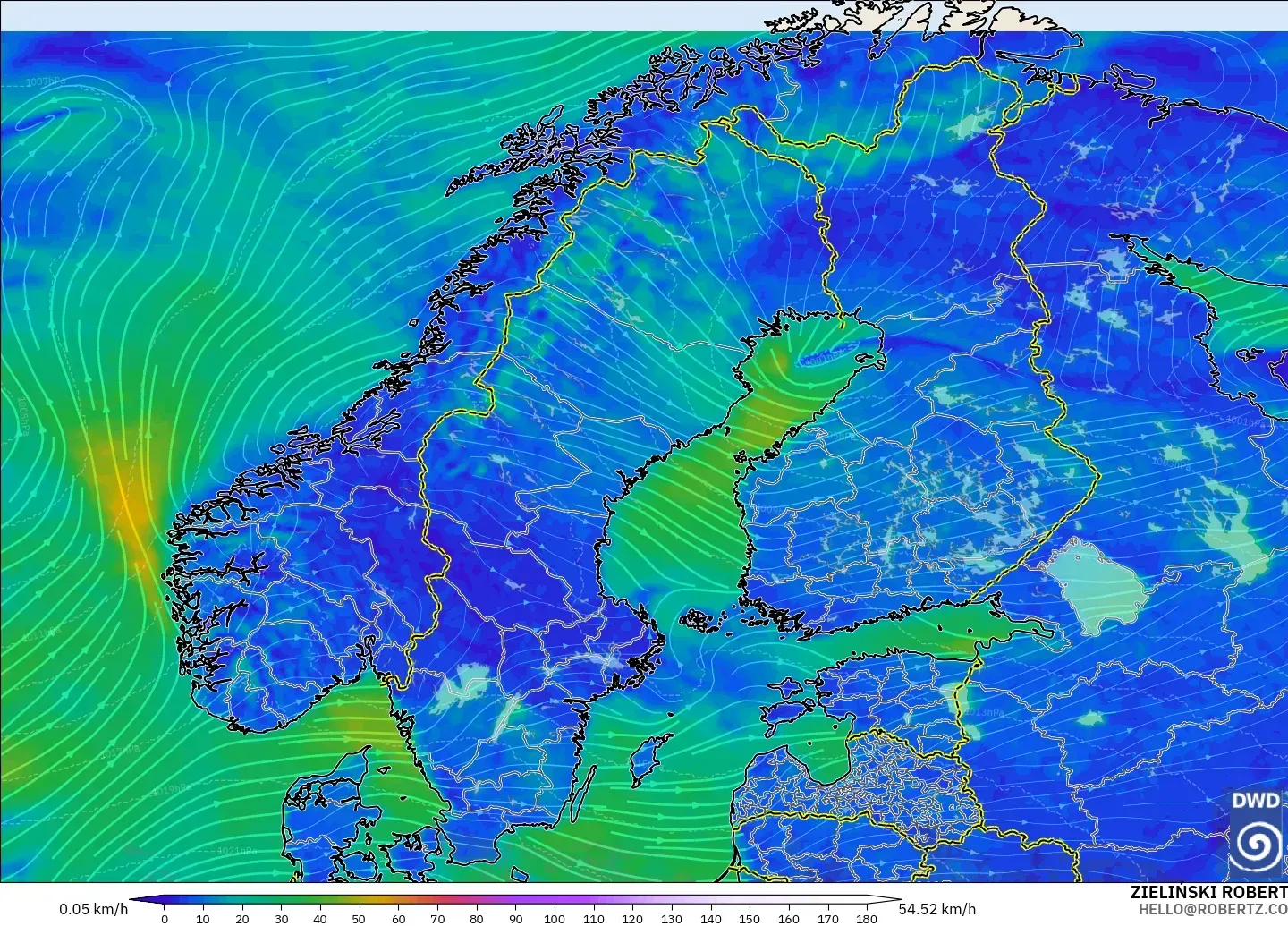 ICON model - Skandinavia, Angin 10 m
