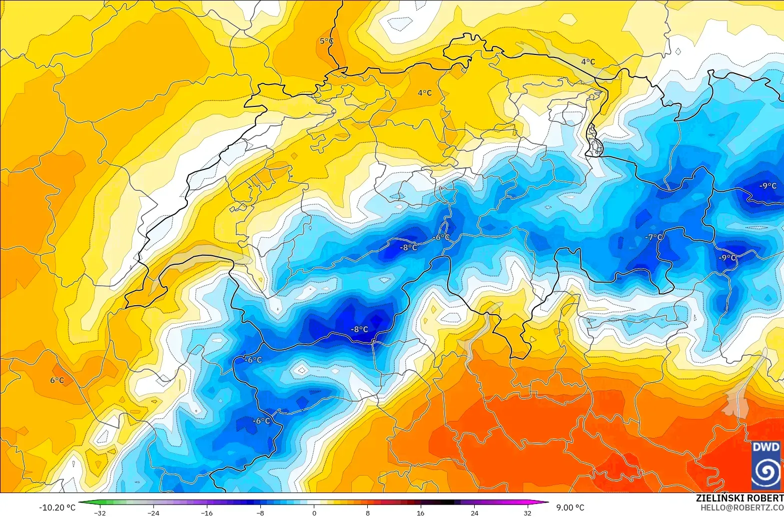 ICON model - Switzerland, Anomali Suhu 850 hPa