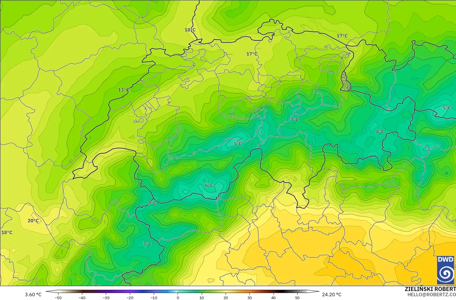 ICON model - Switzerland, Suhu 850 hPa