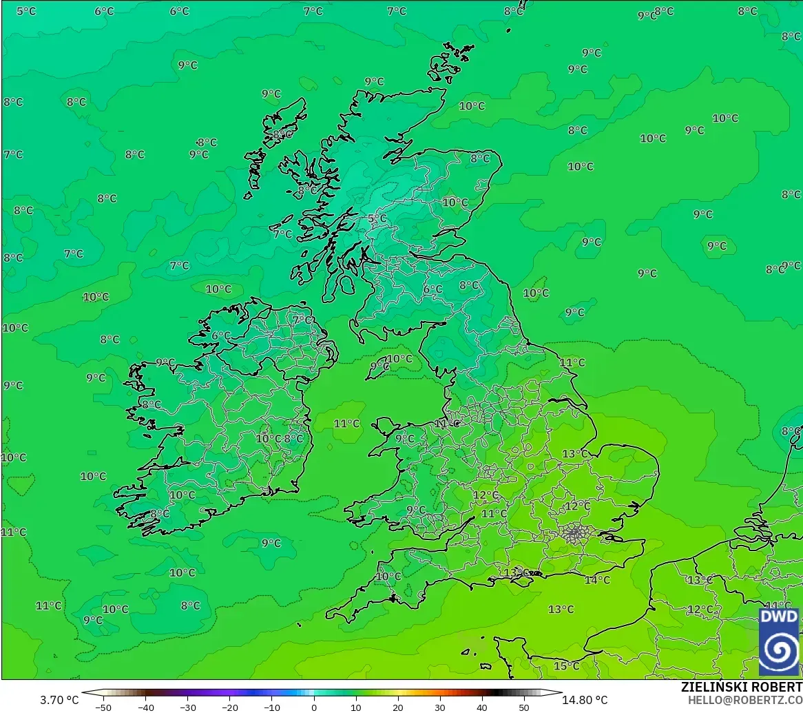 ICON model - United Kingdom, Suhu 850 hPa